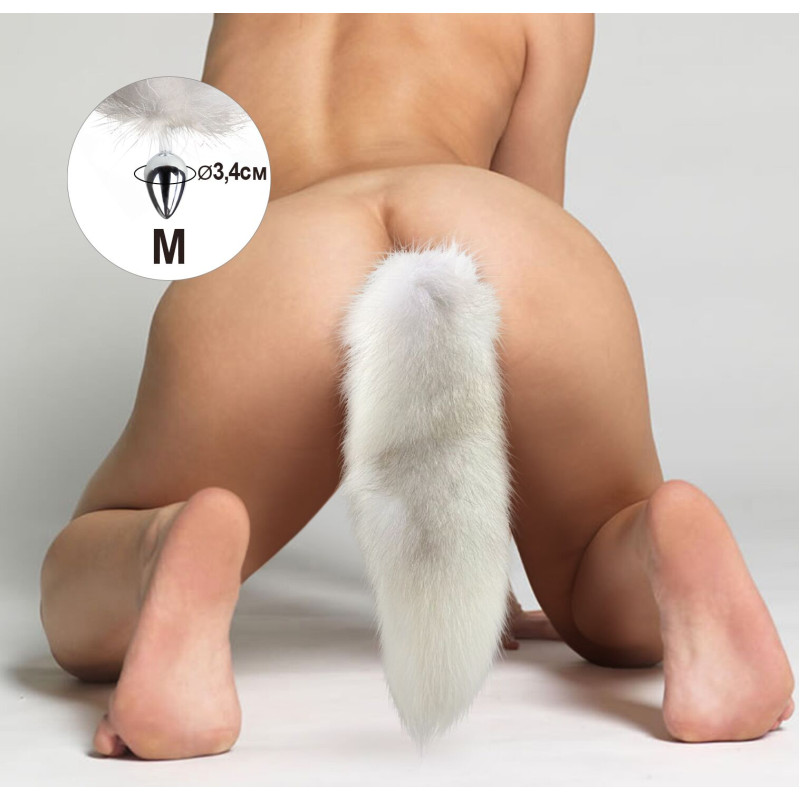 Металлическая анальная пробка с хвостом из натурального меха Art of Sex size M White fox