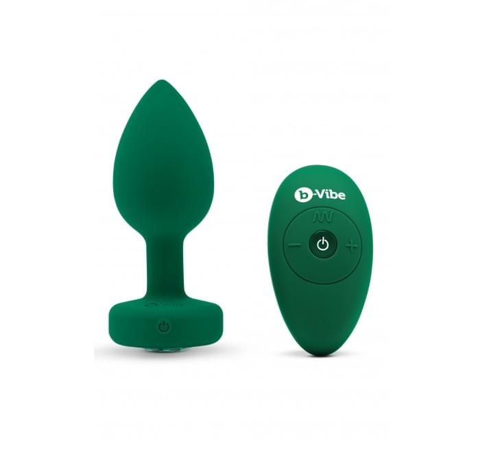 Анальная пробка с вибрацией и пультом B-Vibe Vibrating Jewel Plug, зеленая, M/L