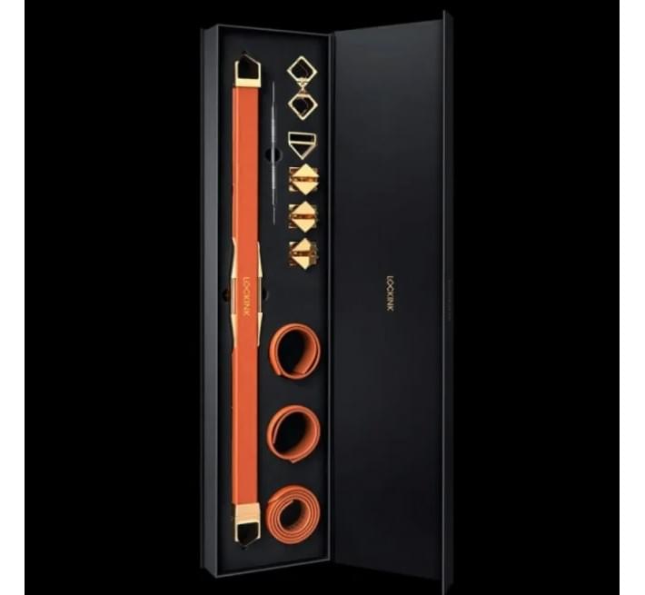 Розпірка для бондажу з поножами та нашийником Lockink, натуральна шкіра та метал, коричнева, 55-100