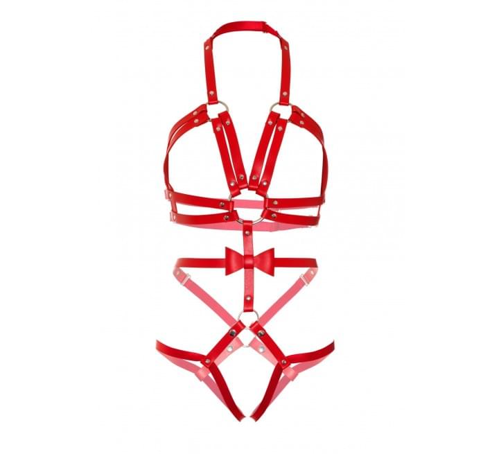 Портупея-тедди из ремней Leg Avenue Studded O-ring harness teddy Red M