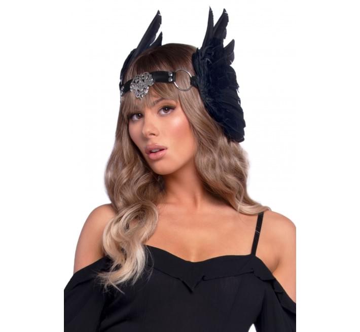 Повязка на голову с крыльями Leg Avenue Feather headband Black, перья и натуральная кожа