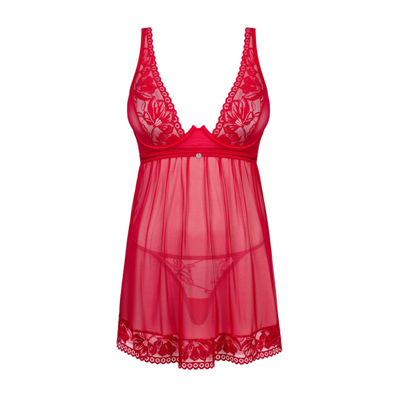 Прозрачная рубашка беби-долл Obsessive Lacelove babydoll & thong красная XS/S