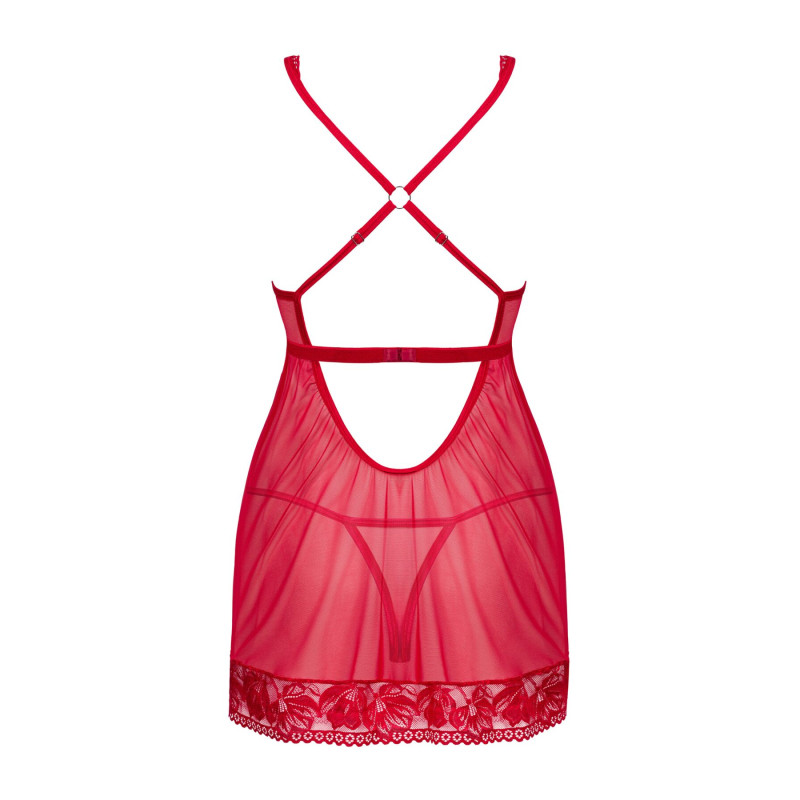 Прозрачная рубашка беби-долл Obsessive Lacelove babydoll & thong красная XS/S