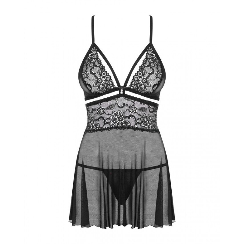 Эротический кружевной комплект с сеточкой Obsessive 838-BAB-1babydoll & thong black S/M