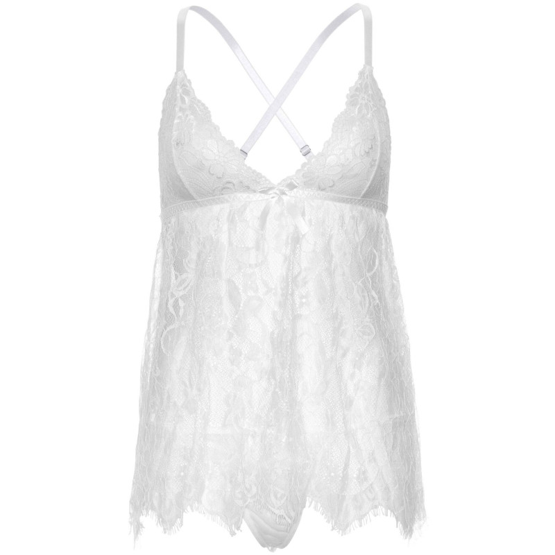 Сорочка беби-долл Leg Avenue Floral lace babydoll & string White M, стринги
