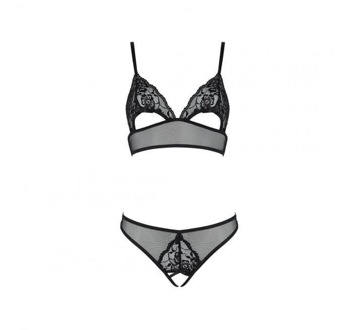 Комплект: бралет з ажурним ліфом та відкритими трусиками Passion Christa Set with Open Bra black L/XL