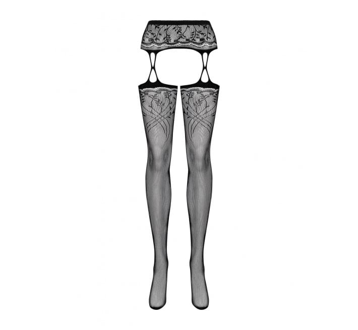 Чулки-стокинги с растительным рисунком Obsessive Garter stockings S206 черные S/M/L