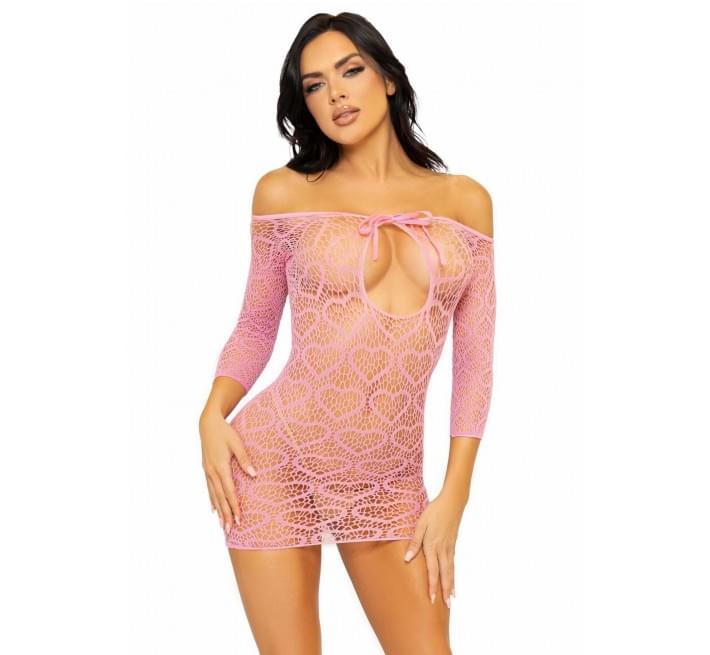 Сукня-сітка з сердечками Leg Avenue Heart net mini dress зав’язки, відкриті плечі, Pink one size