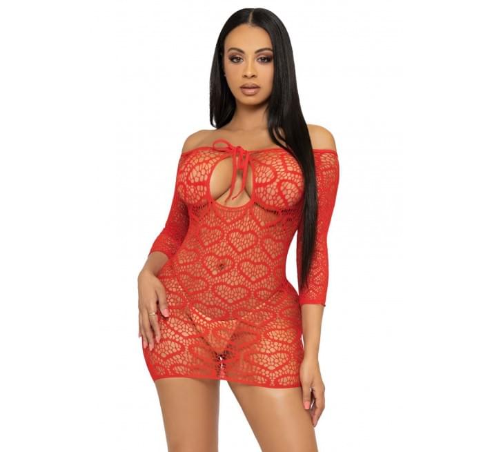 Платье-сетка с сердечками Leg Avenue Heart net mini dress завязки, открытые плечи, Red one size