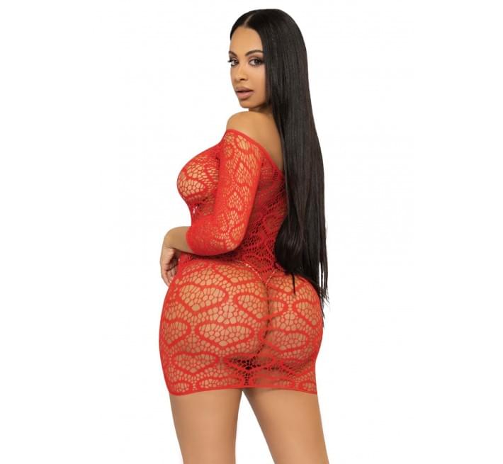 Платье-сетка с сердечками Leg Avenue Heart net mini dress завязки, открытые плечи, Red one size