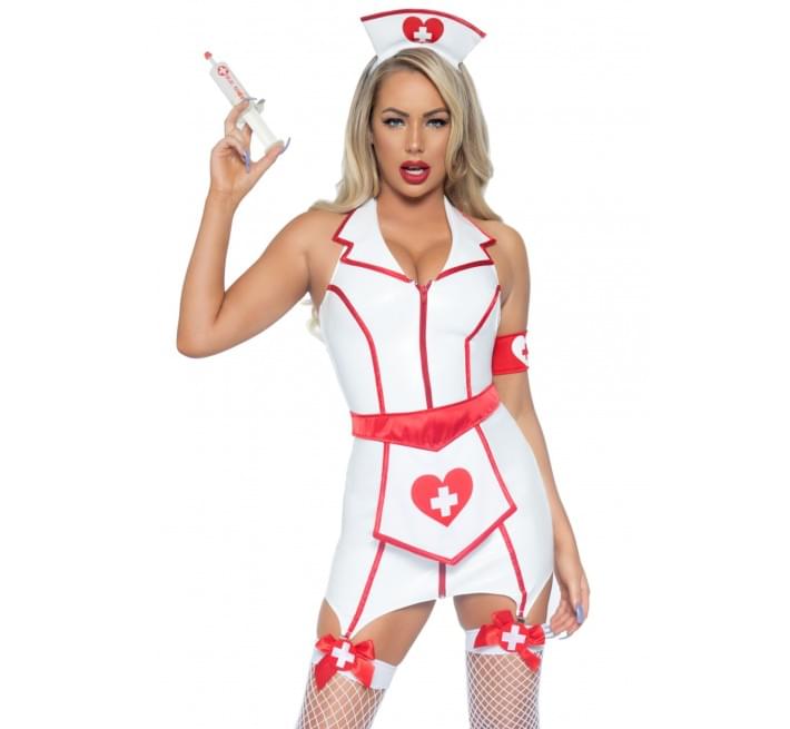 Вініловий костюм медсестри Leg Avenue Vinyl ER Hottie S, сукня, фартух, манжета, головний убір