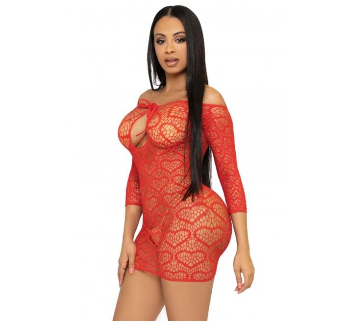 Платье-сетка с сердечками Leg Avenue Heart net mini dress завязки, открытые плечи, Red one size