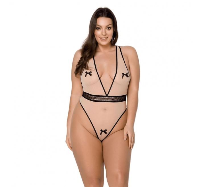 Боді Passion Viena Body beige 4XL/5XL, контрастне, бантики, вставка-сітка, відкриті сідниці