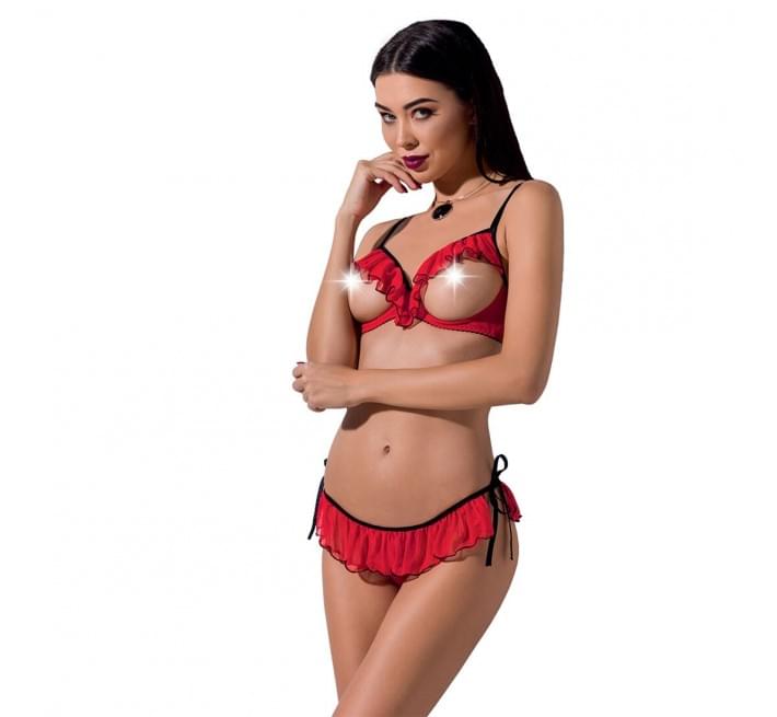 Комплект белья CHERRY SET OpenBra red XXL/XXXL - Passion Exclusive: открытый лиф, трусики-юбка