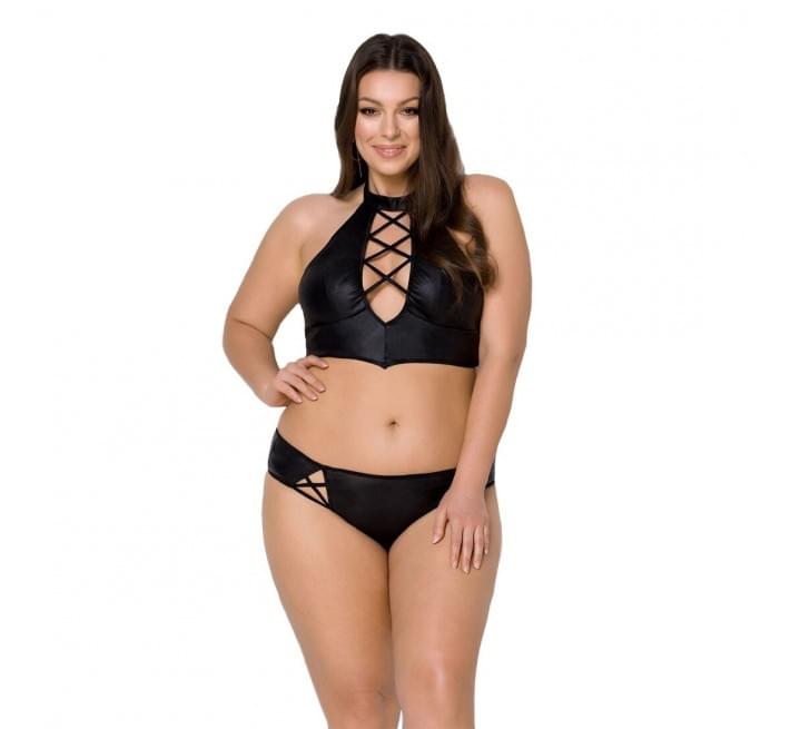 Комплект из эко-кожи Passion Nancy Bikini 4XL/5XL black, бра и трусики с имитацией шнуровки