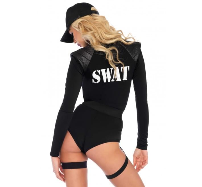 Костюм эротических спецсил Leg Avenue SWAT Team Babe XS, боди, пояс, подвязки, игрушечная рация, кепка