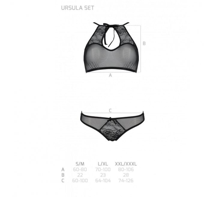 Комплект: бра, трусики с ажурным декором и открытым шагом Passion Ursula Set black XXL/XXXL