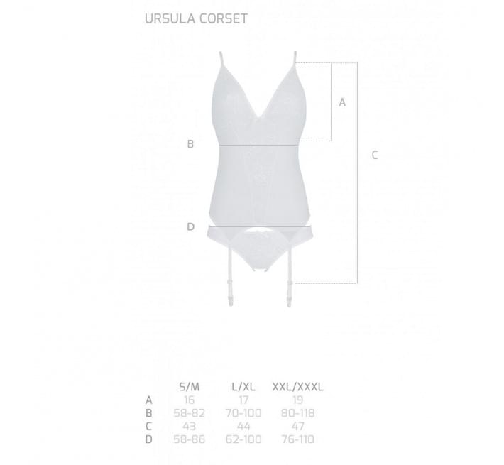 Корсет із пажами, трусики з ажурним декором та відкритим кроком Passion Ursula Corset white L/XL