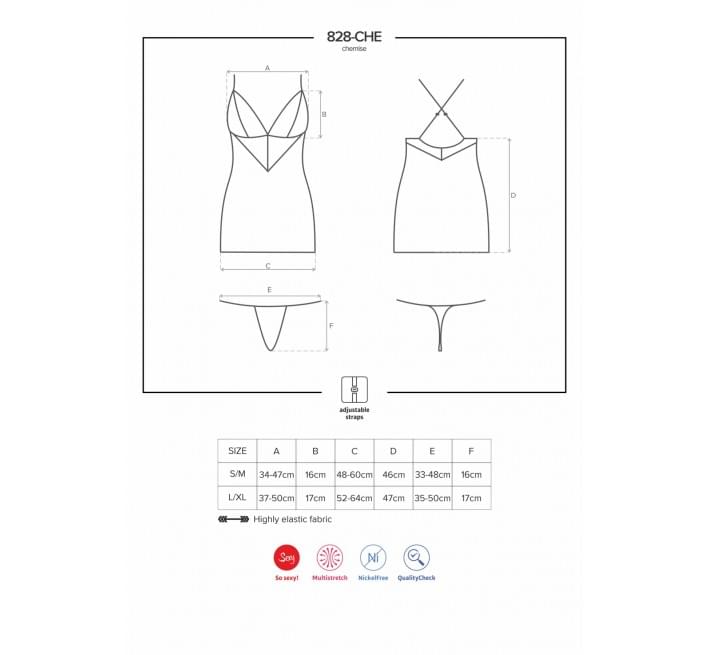 Сатиновый комплект для сна с кружевом Obsessive 828-CHE-1 chemise & thong черный L/XL