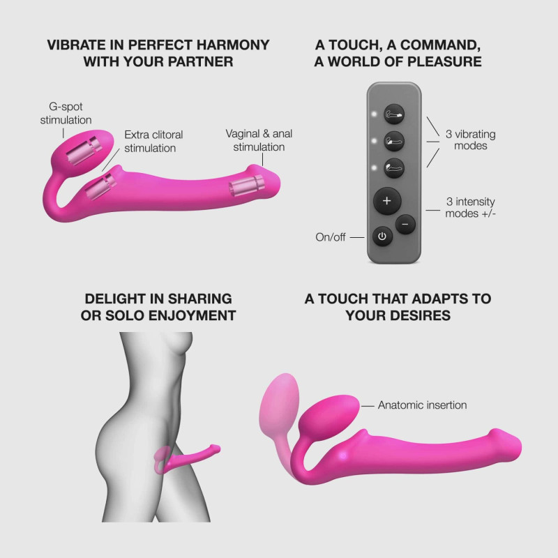 Безремінний страпон з вібрацією Strap-On-Me Vibrating Fuchsia L, діаметр 3,7см, пульт ДК, регульований