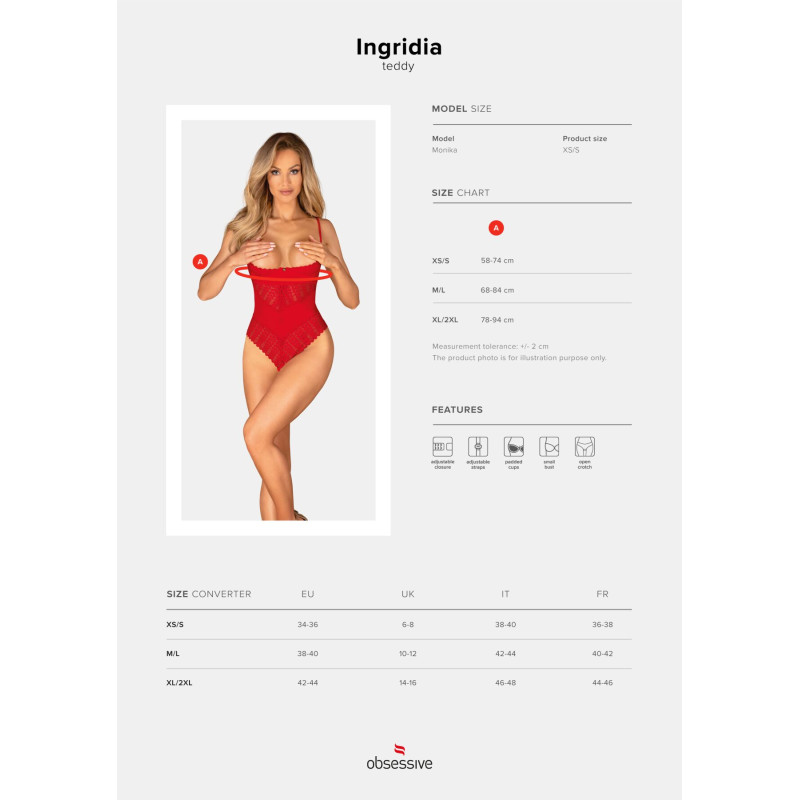 Боди с доступом Obsessive Ingridia crotchless teddy XL/2XL, красное, открытая грудь
