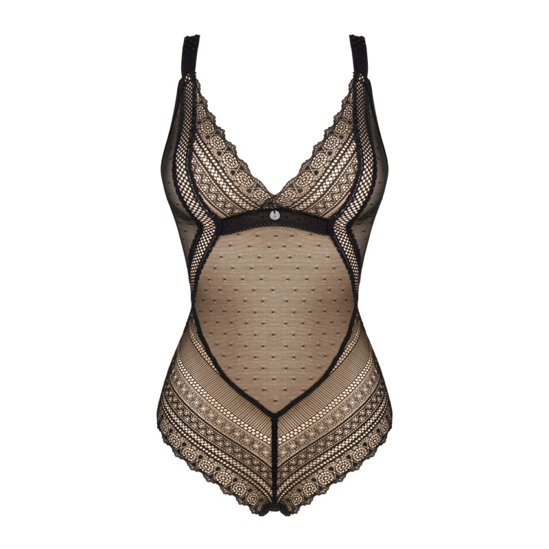 Кружевное боди с декольте Obsessive Estiqua teddy черное M/L