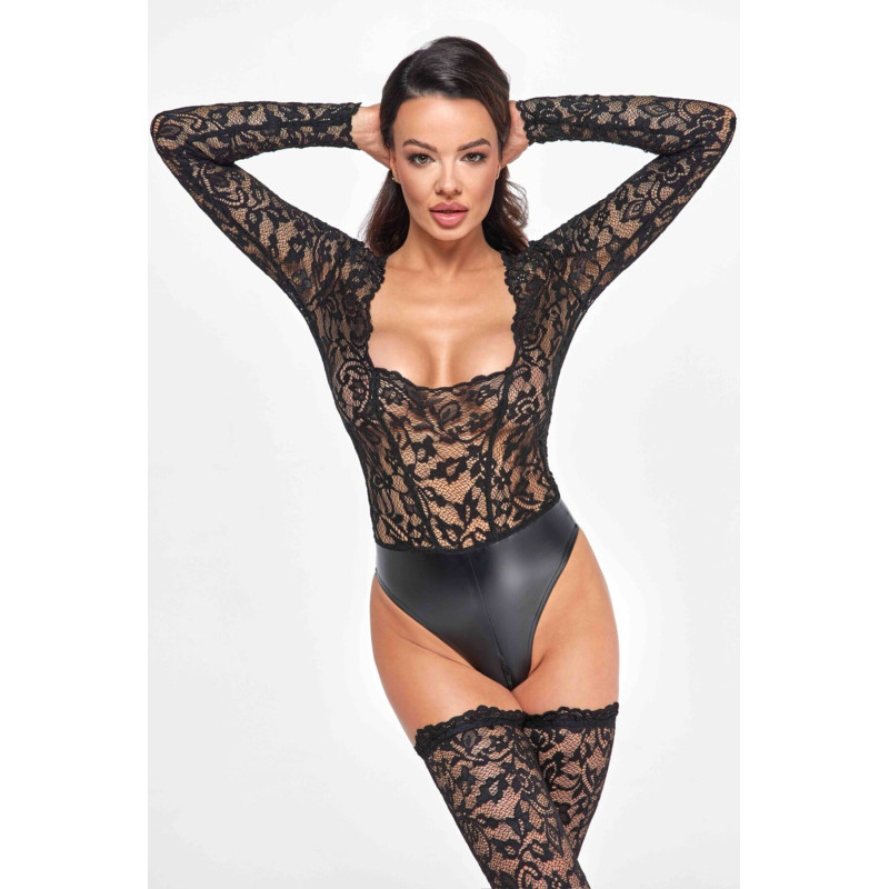 Боді Noir Handmade F296 Psyche, XL, мереживо, довгий рукав, низ під латекс, з доступом