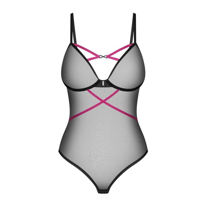 Боди Obsessive Novenes teddy, XS/S, прозрачное, чашки на косточках, декор в виде лент