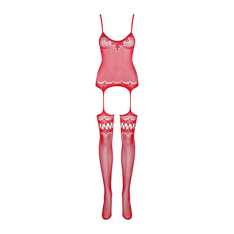 Бодістокінг Obsessive Bodystocking F214 імітація корсета та панчіх на підв’язках red S/M/L