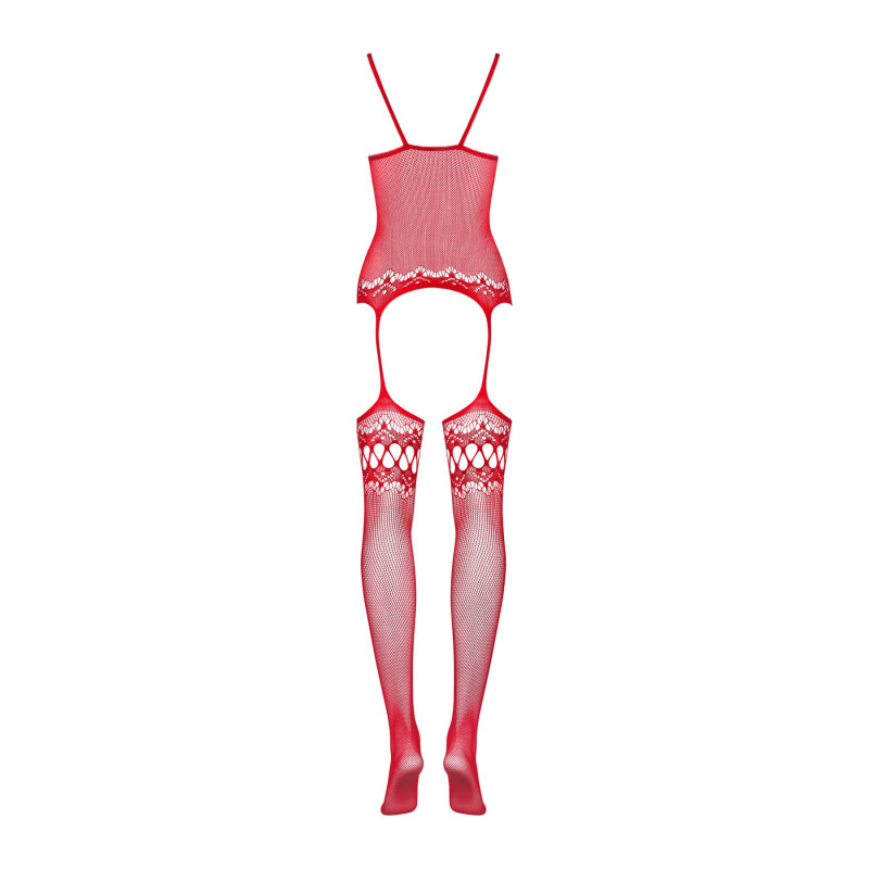 Бодістокінг Obsessive Bodystocking F214 імітація корсета та панчіх на підв’язках red S/M/L