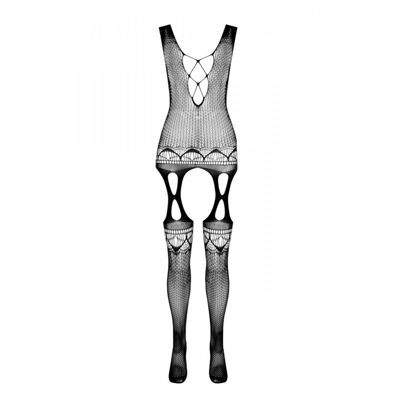 Бодістокінг з плетінням на грудях Passion BS099 One Size, black, відкритий доступ, імітація підв’язо