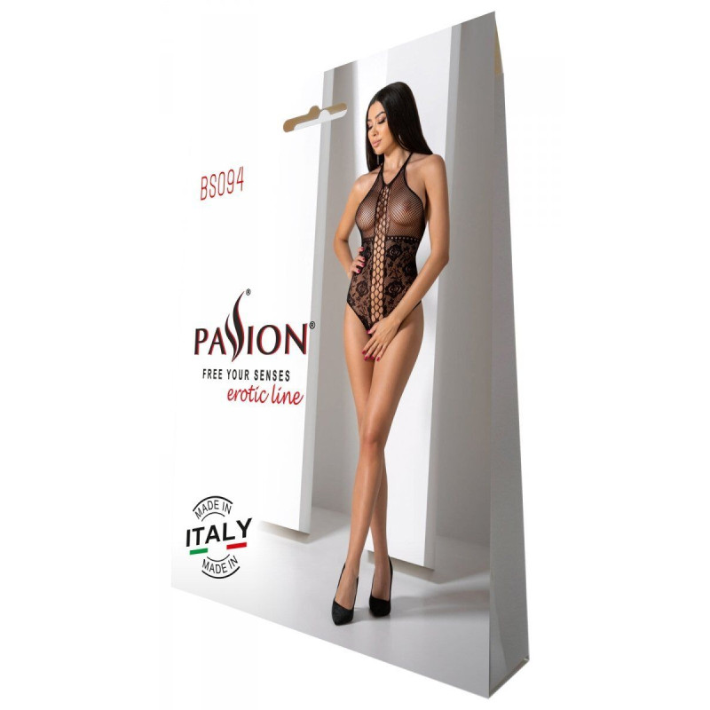 Бодистокинг с имитацией корсетной шнуровки Passion BS094 One Size, black, цветочный узор, с доступом
