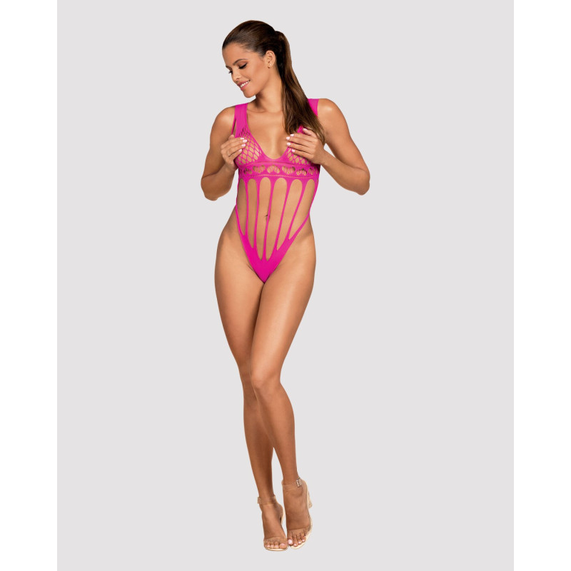 Сітчастий бодістокінг із поздовжніми вирізами Obsessive B121 teddy рожевий S/M/L