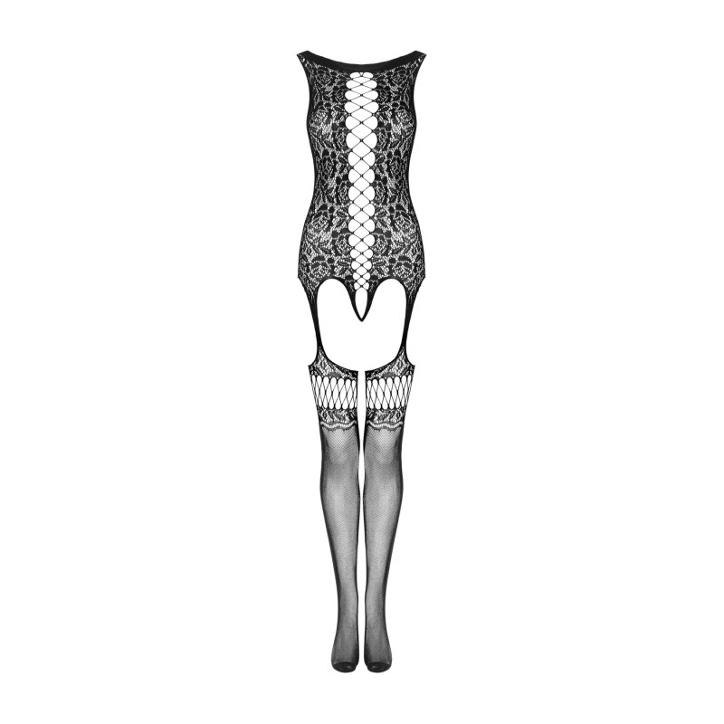 Бодістокінг Obsessive Bodystocking F236 глибоке декольте, імітація шнурівки black S/M/L