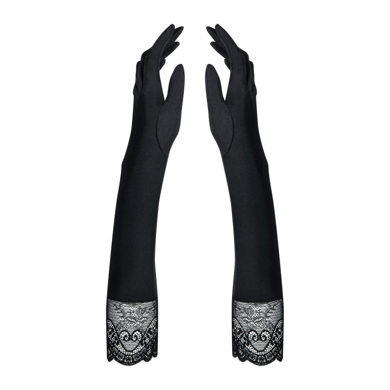 Високі рукавички з каменями та мереживом Obsessive Miamor gloves, чорні One size