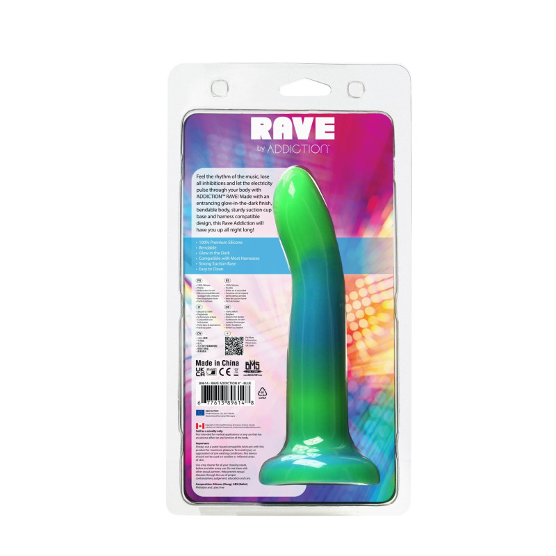 Фалоімітатор, що світиться в темряві, ADDICTION Rave 8 Glow in the Dark Dildo Blue Green, 20,3 см