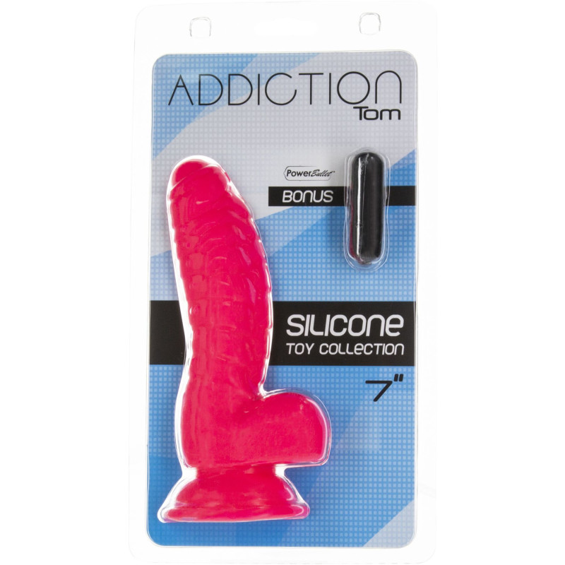 Ребристий фалоімітатор на присосці ADDICTION — Tom 7″ Dildo With Balls — Pink, віброкуля в подарунок