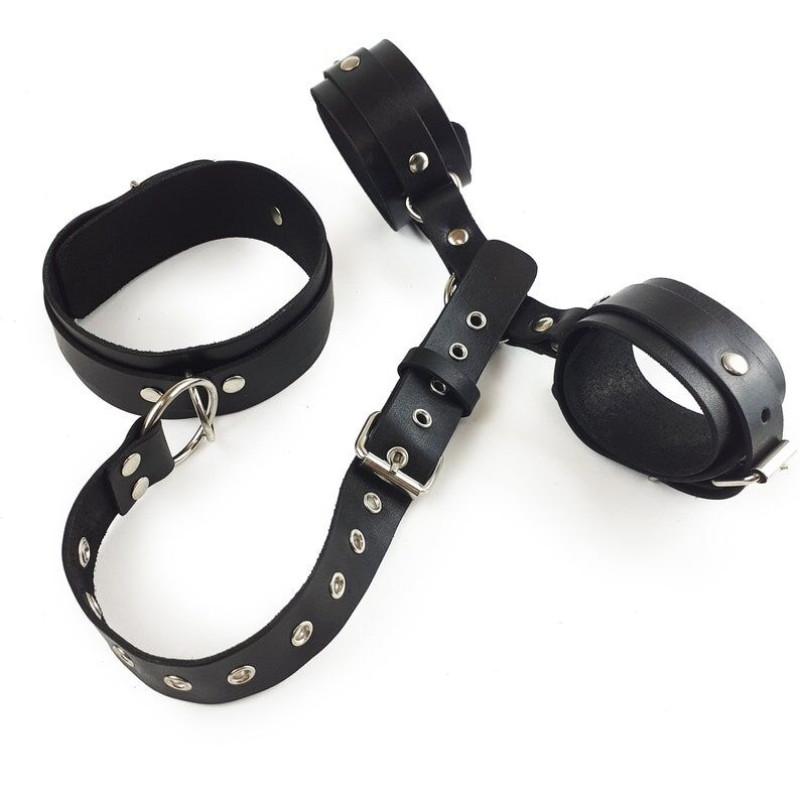 Фиксаторы для шеи и рук Art of Sex Bondage Set из натуральной кожи Черные