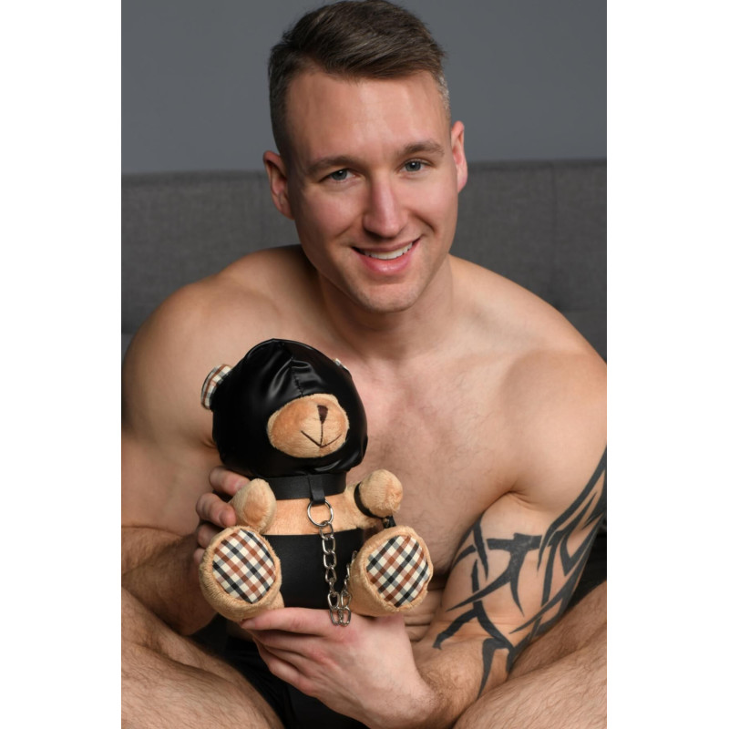 Плюшевий ведмедик HOODED Teddy Bear БДСМ у шкіряному капюшоні з повідцем, 23x16x12 см