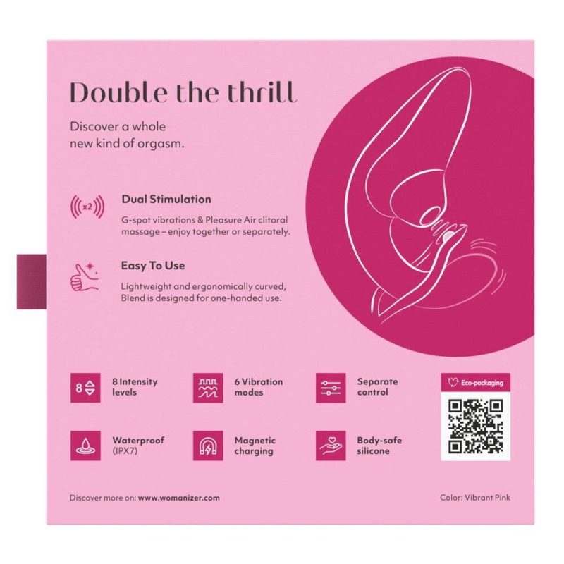 Вагінально-кліторальний стимулятор Womanizer Blend Vibrant Pink, вібрація + вакуум, 2 мотори
