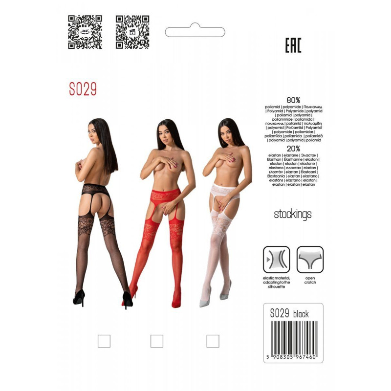 Эротические ажурные колготки-бодистокинг Passion S029 One Size, black, пояс и чулки, с доступом