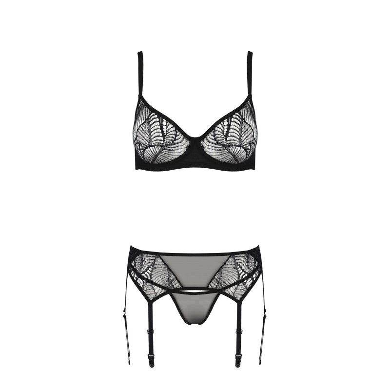 Комплект Passion LEAFA SET black S/M, кружево+сетка, бюстгальтер на косточках, стринги, пояс для чулок