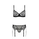 Комплект Passion LEAFA SET black S/M, кружево+сетка, бюстгальтер на косточках, стринги, пояс для чулок