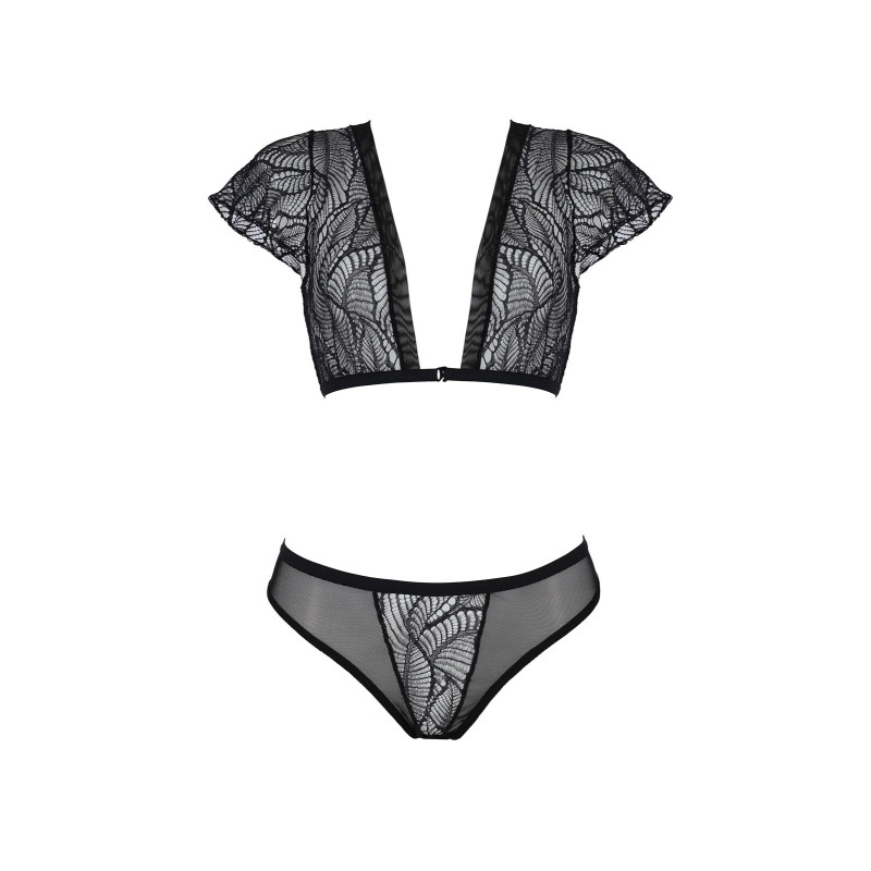 Комплект Passion LEAFA BIKINI black S/M, бюстгальтер-топ с рукавчиками, стринги-шортики с вырезом