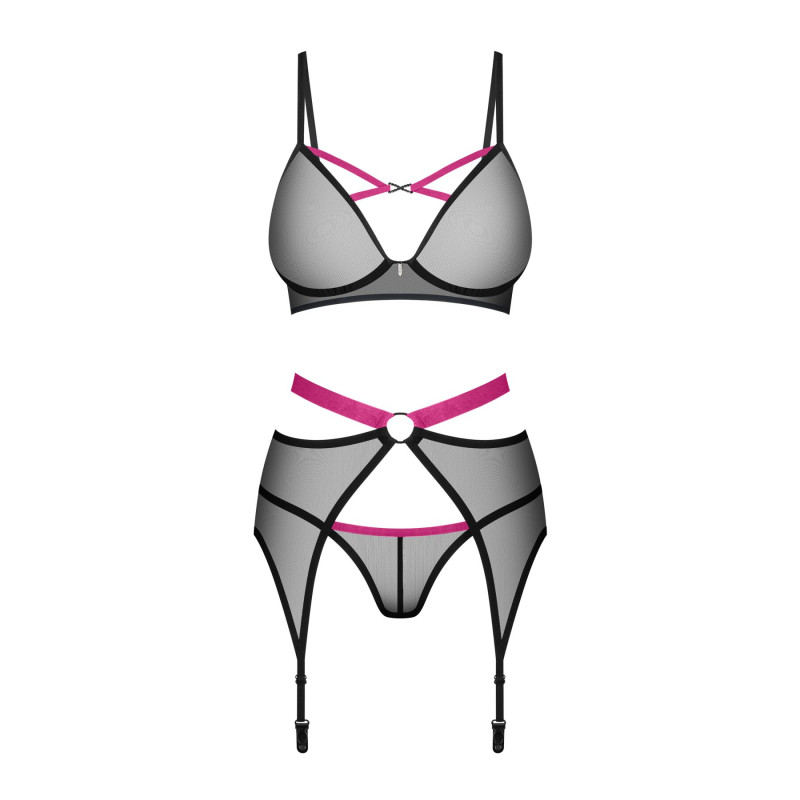 Комплект Obsessive Novenes 3-pcs set, XL/2XL, прозрачный лиф на косточках, стринги, пояс