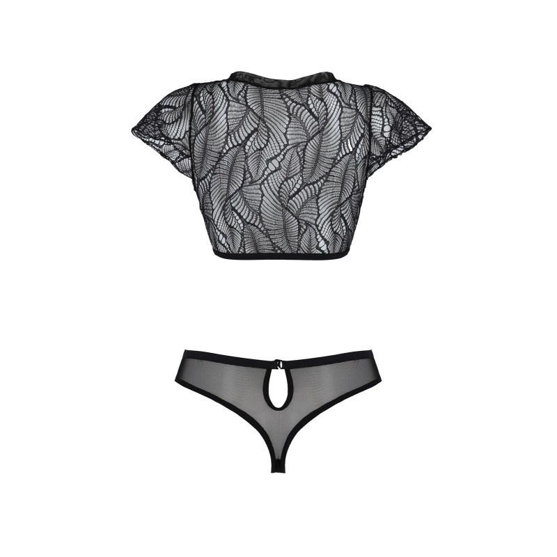 Комплект Passion LEAFA BIKINI black S/M, бюстгальтер-топ с рукавчиками, стринги-шортики с вырезом