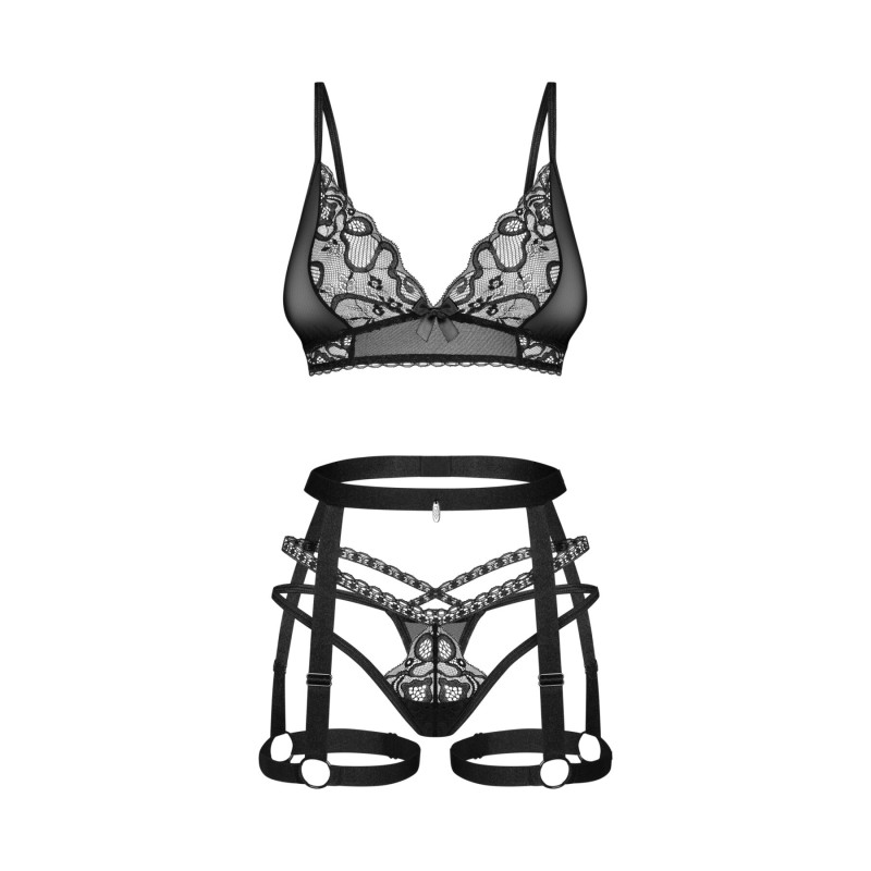Комплект Obsessive Blomentis 3-pcs set, XS/S, мягкий лиф, стринги со стрепами, пояс с гартерами