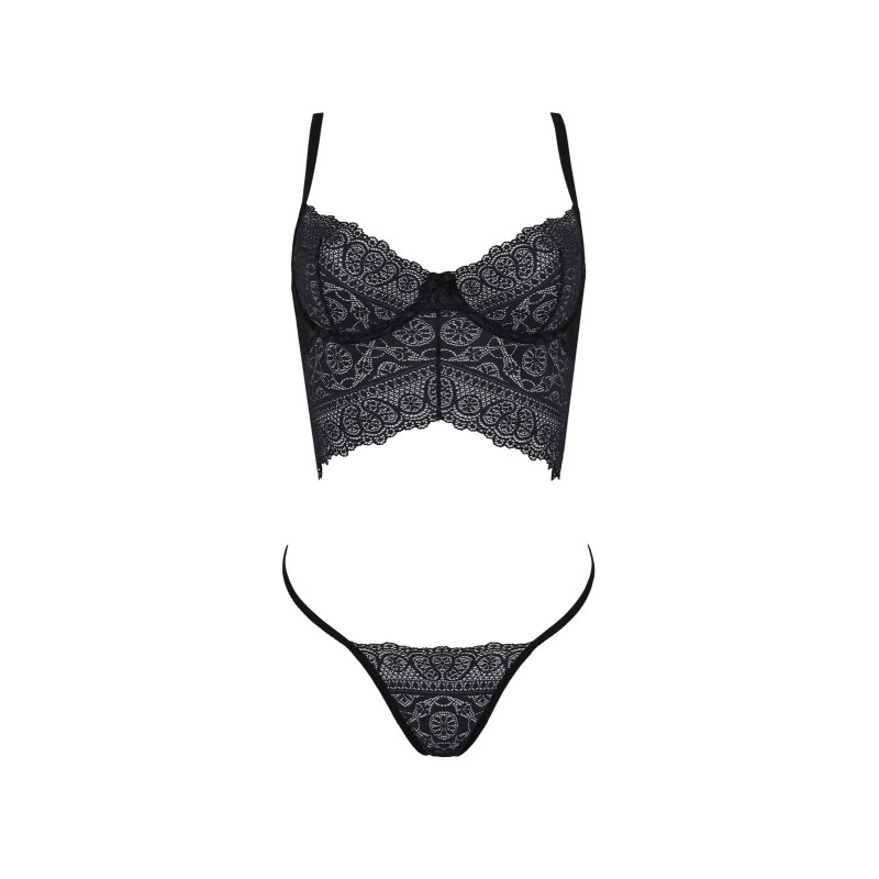 Комплект Passion KERRIA SET black, XXL/XXXL сетка+кружево, бюстье и стринги