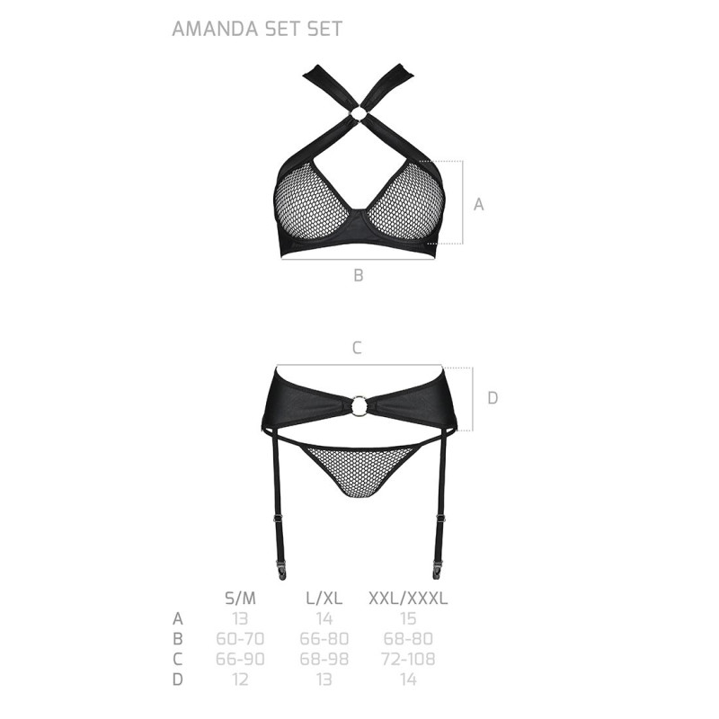Набор сетчатый: бюстгальтер с халтером, трусики и пояс для чулок Passion Amanda Set black S/M