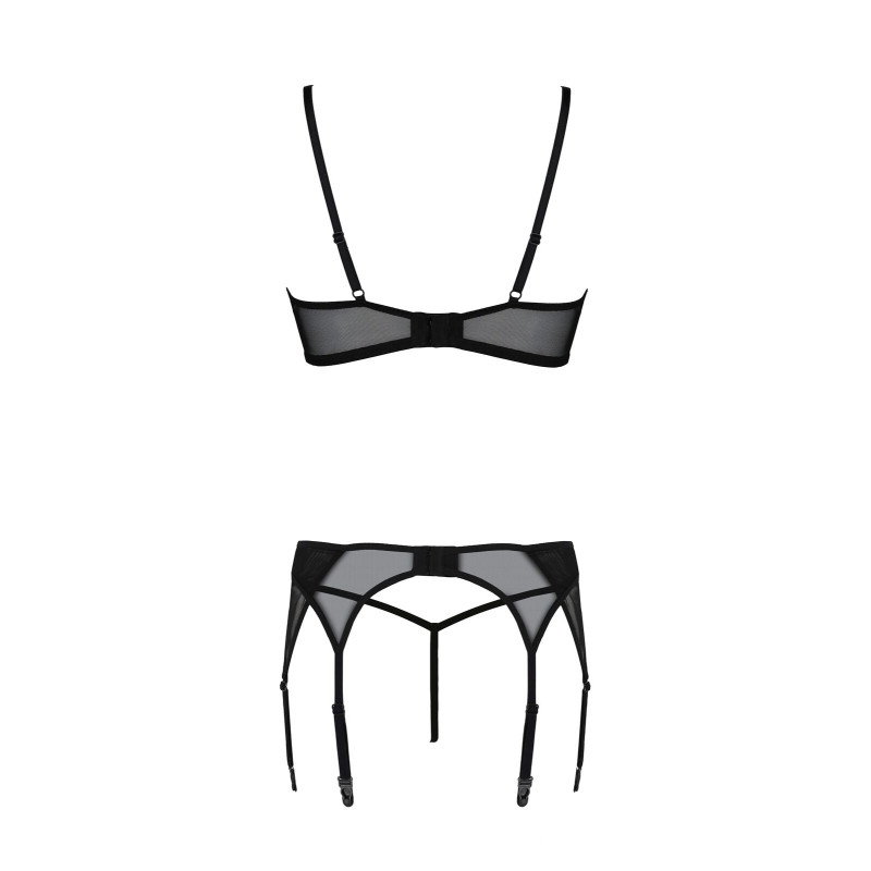 Комплект Passion LEAFA SET black, XXL/XXXL, кружево+сетка, бюстгальтер на косточках, стринги, пояс для чулок